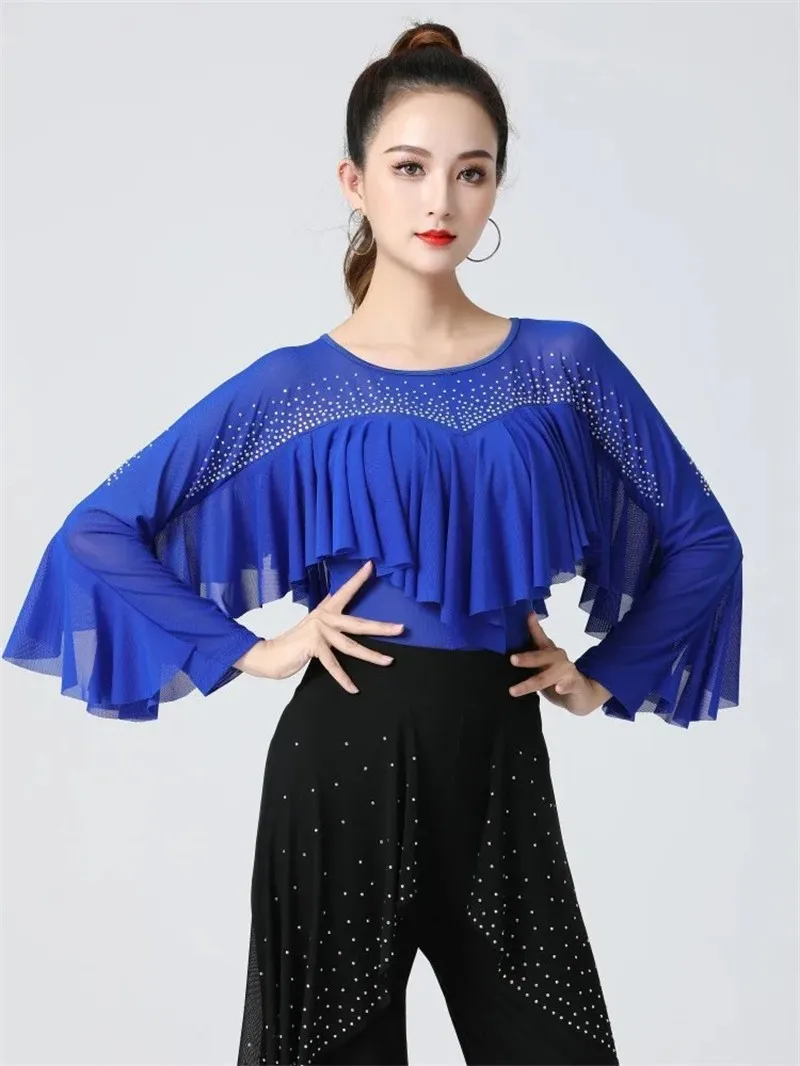 

Woman Tops Latin Costume Ruffle Ballroom Pole Dance Clothing Ballet Standard Elegant Modern Festival Outfit Jazz Street Shirt