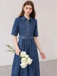 2024Summer Denim Women Skirt Classic Turn Collar Self-Belt Vintage Mini Dress Designer Dress French S Brand Fashion Clothing