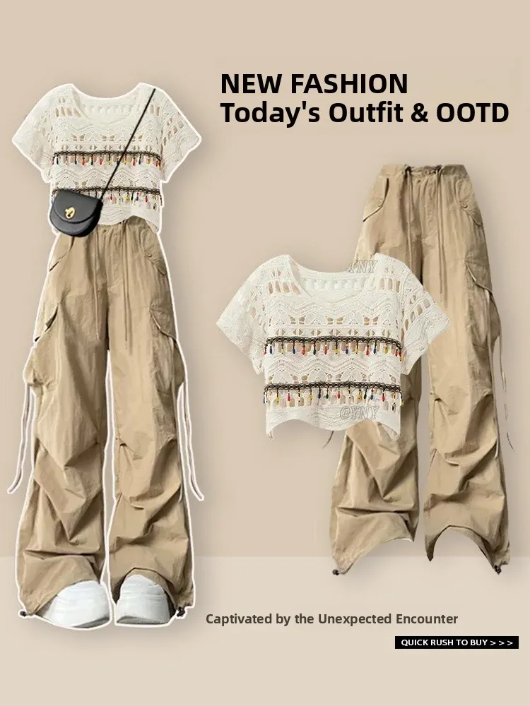 Women's Hollow out Knitted irt Casual High Waist Long Pants Autumn New Sle Faion Set High Waist Leisure Workwear