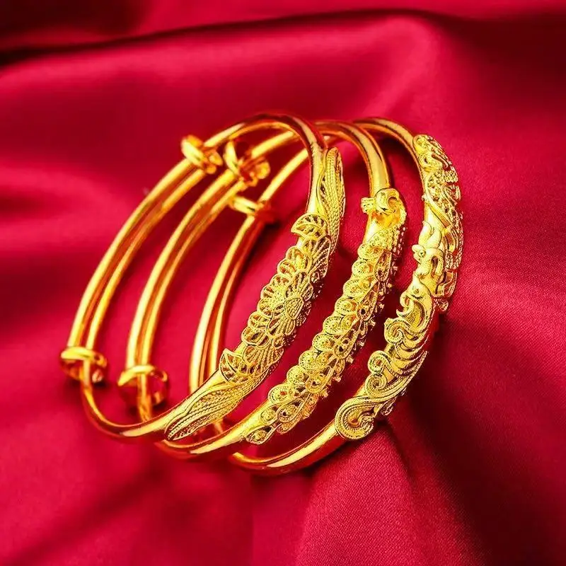 Skin-Brightening Dragon & Phoenix Push-Pull Bangle For Women 24K Gold AU999, brightens complexion gracefully