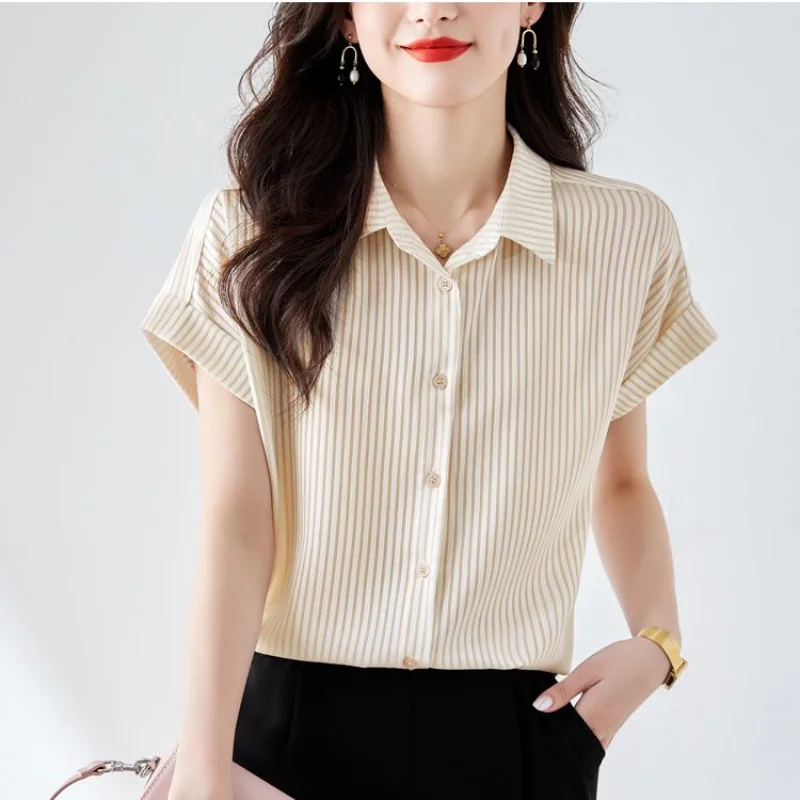 Summer New Polo Neck Short Sleeve Loose Shirt Tops Striped All-match Button Office Blouse Temperament Fashion Women Clothing