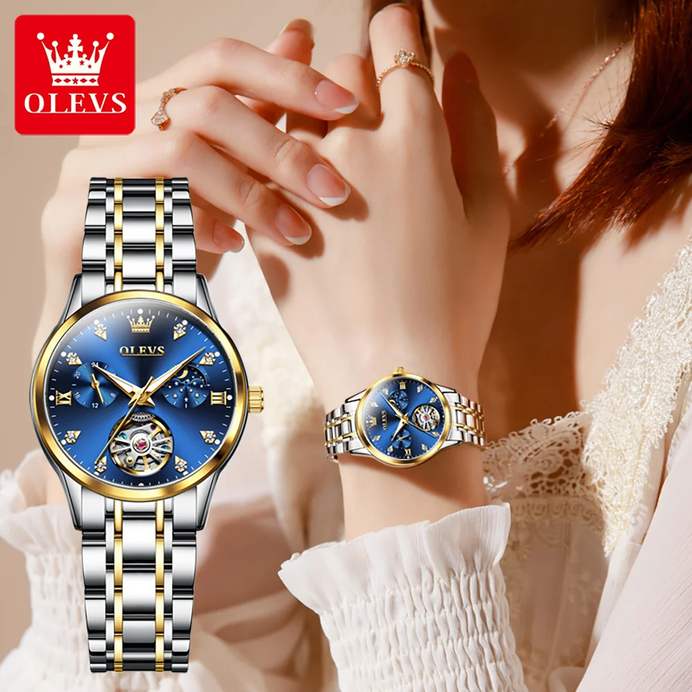 OLEVS 6608 Moonswatch Mechanical Watch For Women Hollow Original Diamond Luxury Wristwatch Waterproof Top Brand Woman Watches