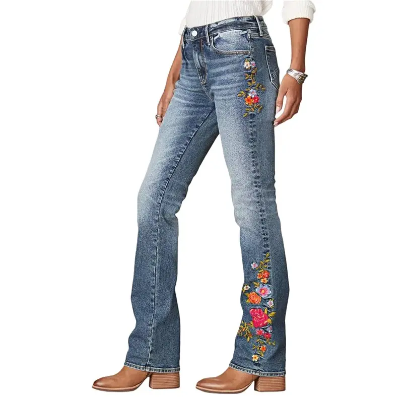 

CYL-Women's Floral Embroidery Mid Waist Mid Stretch Bootcut Jeans With Pockets Blue M