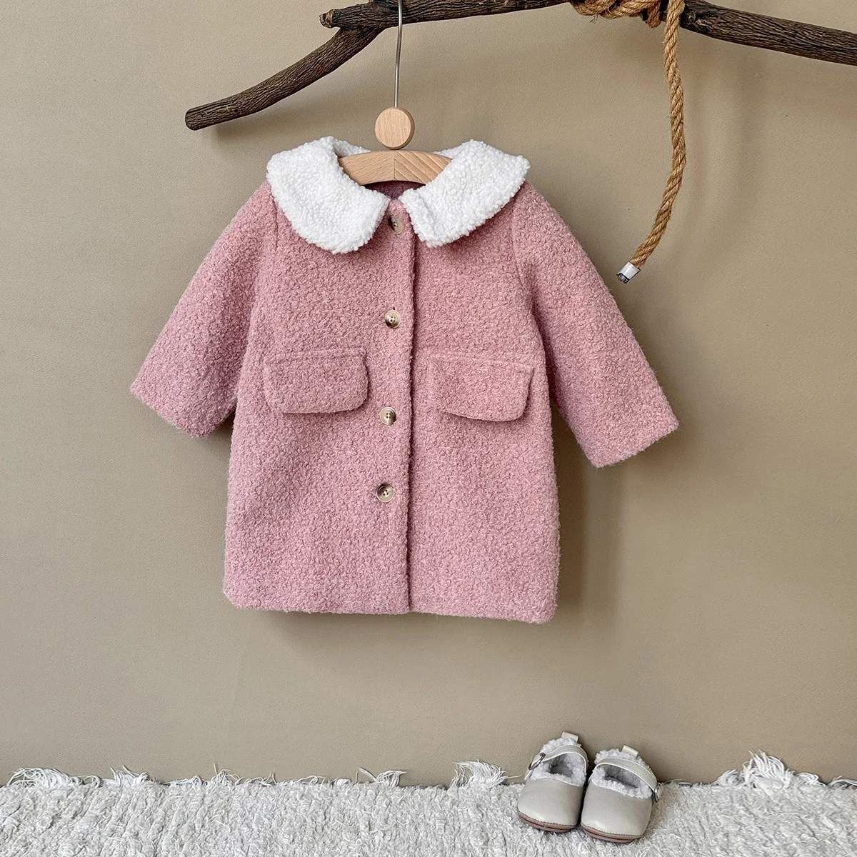 Children's Plush Coat Pink White-collar Woolen Coat Autumn Winter New Girls' Coats Loose Comfortable Baby Clothes