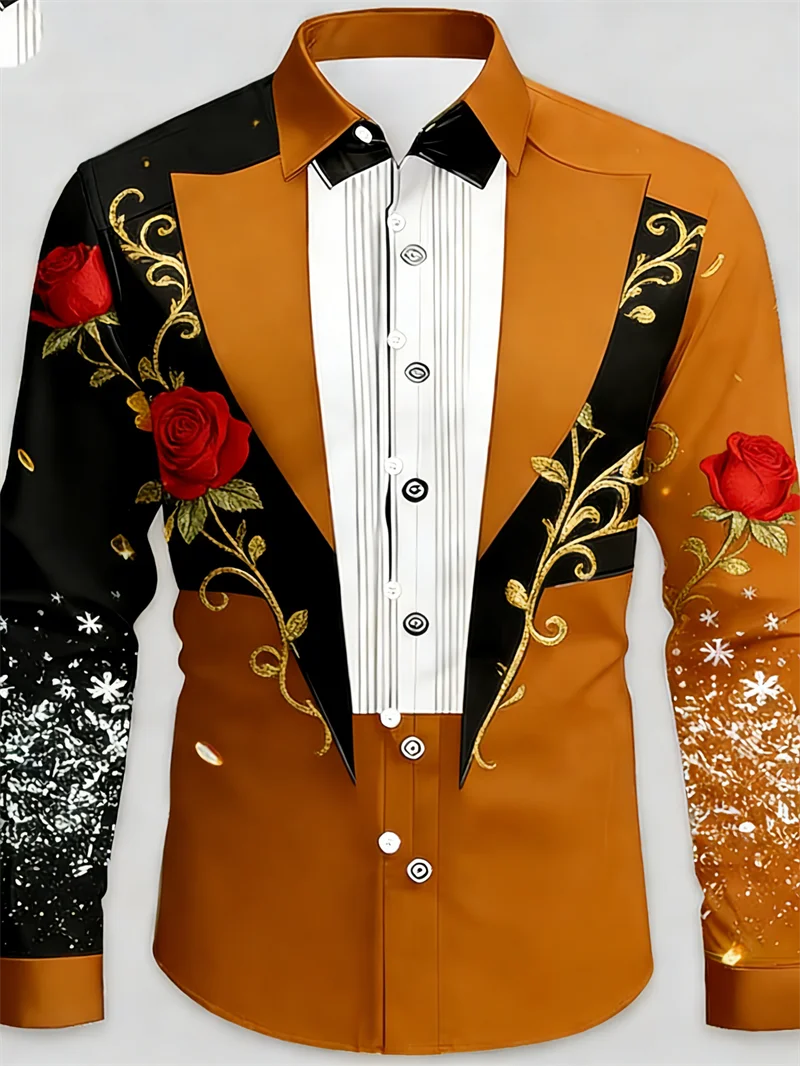 Men Autumn Long Sleeve Shirt Vintage Suit Fake Two Piece Red Rose Gold Vine Print Party Holiday Casual Daily Wear Men's Clothing