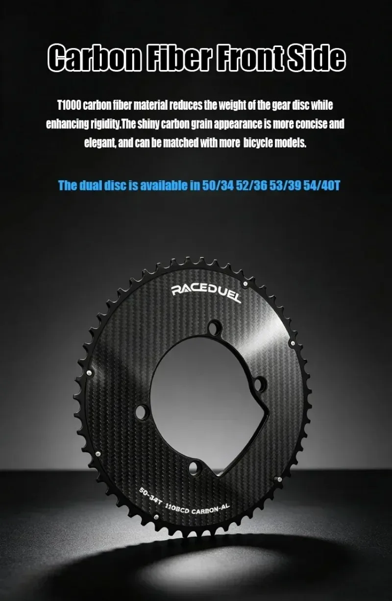 RACEDUEL 110BCD Carbon Crankset 11/12 Speed Double Chainring for Shimano R7000 R8000 R9100 R9200 50-34T/52-36T/53-39T/54-40T