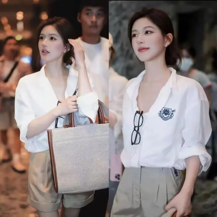 

EXJR White Embroidered Long Sleeve Shirt Women's Wide Leg Five-Quarter Shorts Set Fashionable Casual Loose Fit Ladies Shirt