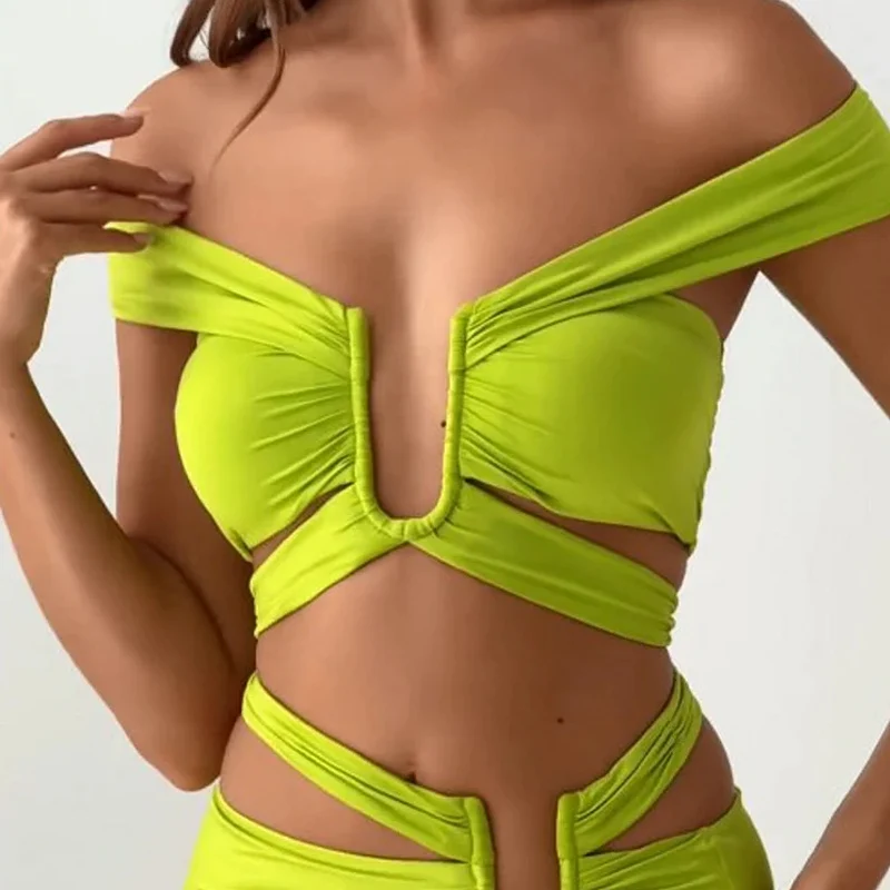 Waytobele 2 Piece Set Women Summer Sexy Fashion Solid Off Shoulder Cut Out V Neck Short Top Irregular Slit Slim Long Skirt Sets