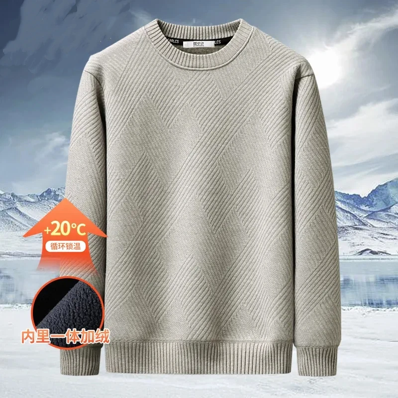 

Бархатный утолщенный вязаный свитер Flying Snow Plus, мужская жаккардовая однотонная повседневная рубашка, модный теплый топ с круглым вырезом