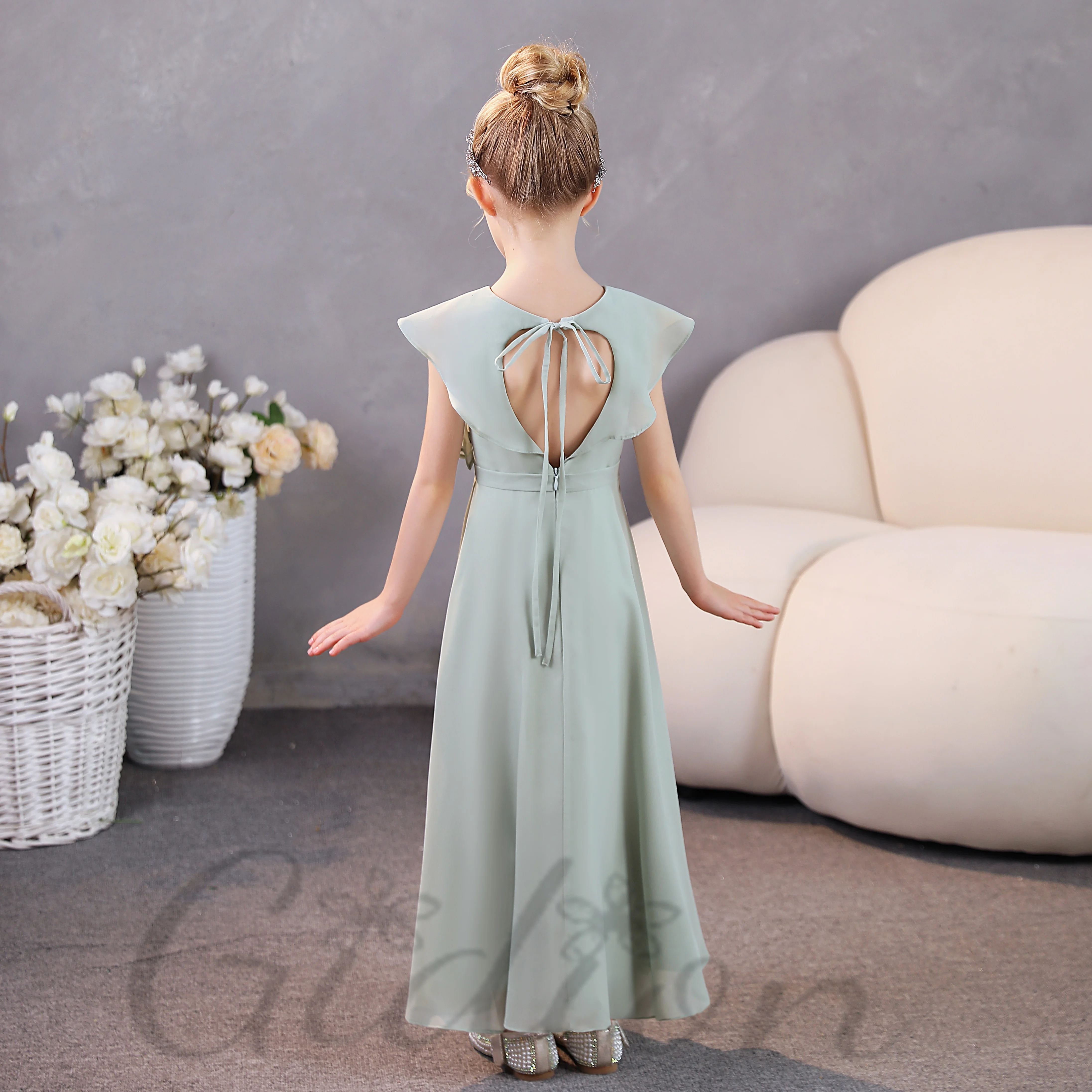 Open-Back Chiffon Junior Bruidsmeisje Jurk Voor Kinderen Trouwfeest Viering Prom Night Banket Evenement Bal Avondjurk Prom