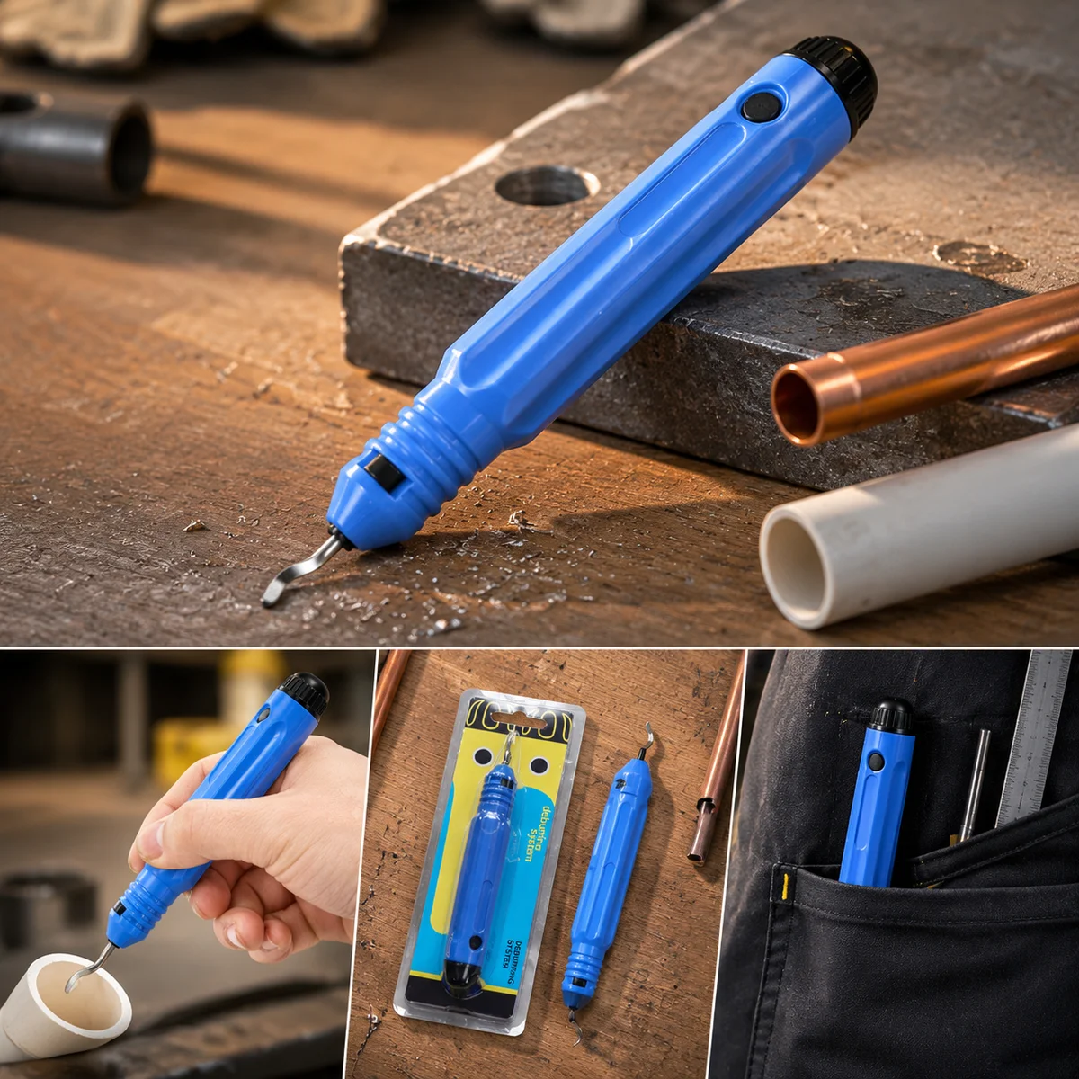 Blue Hand Deburring Tool Handle with Locking Head, Ergonomic Deburring Holder for Pipe and Metal Edge Finishing