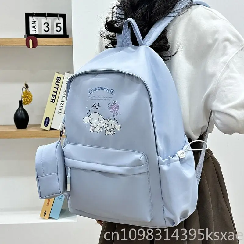  Nylon School Backpack for Student Cute Kuromi Kids Bookbag with Coin Purse Pendant Lightweight Student College Rucksack