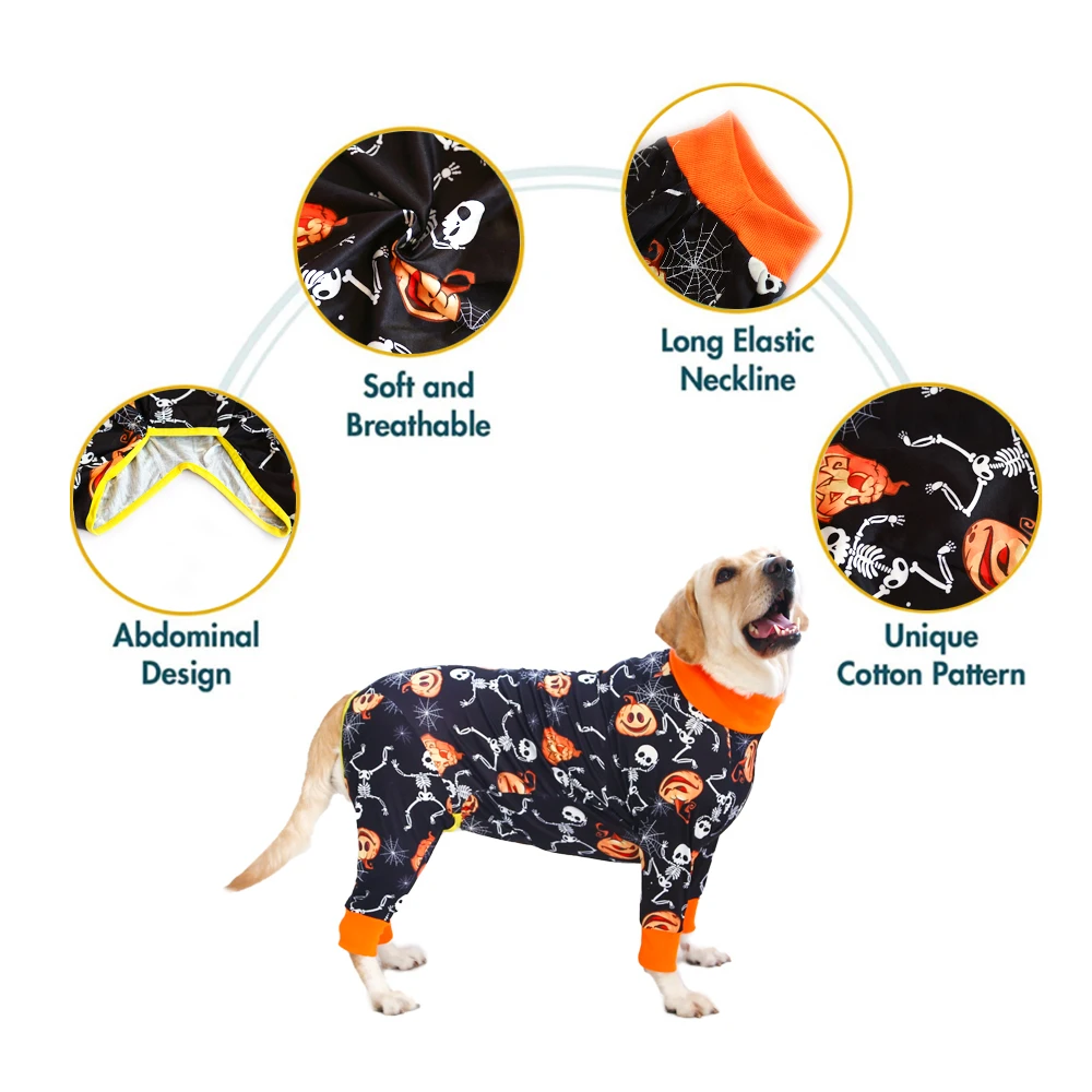 2024 New Halloween Prints Dog Four-legged Suit for Large Medium Bodysuit Dogs Pajamas PJS Full Body for Shedding Prevent Licking