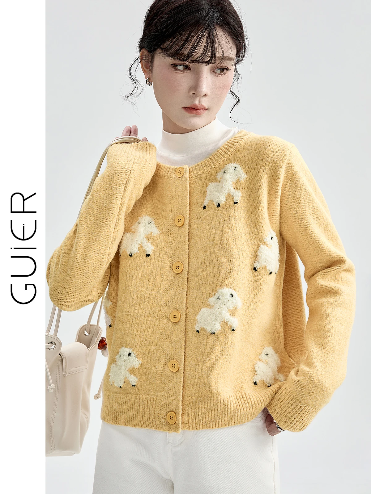 

Exquisite Yellow Knitted Lamb Velvet Sweater Coat for Women Superior Quali Casual Sle Long Sve round Ne Top
