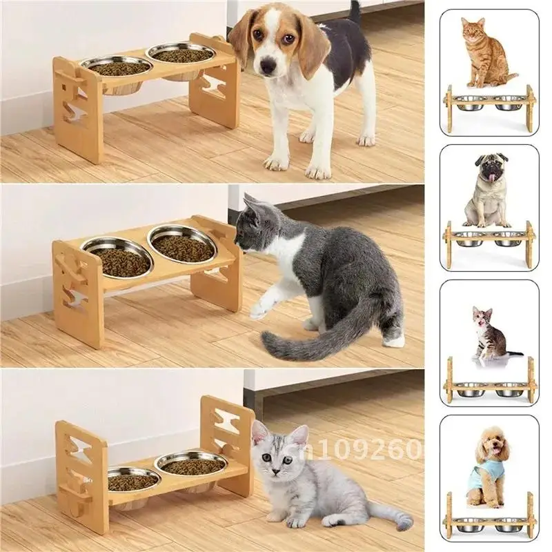 

Bamboo Elevated Dog Bowls with Stand, Adjustable, Raised, and Cat, Small for Pet Feeder Medium Bowls, Water Food, Puppy, Holder,