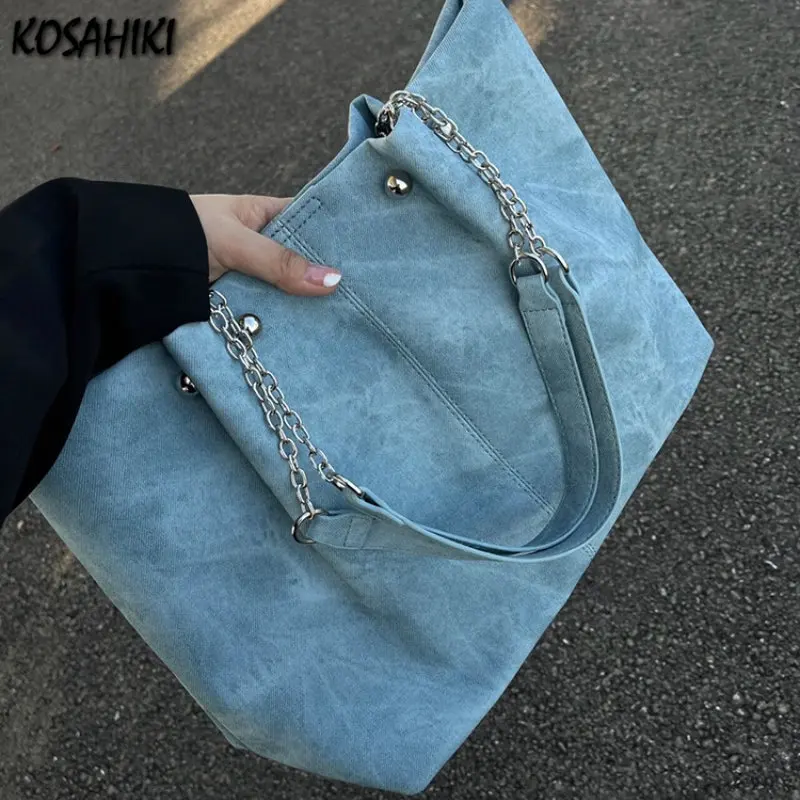 Y2k Fashion Simple Student High-capacity Tote Bags Luxury Design Denim Chain Shoulder Bag New Streetwear Grunge Women's Handbags