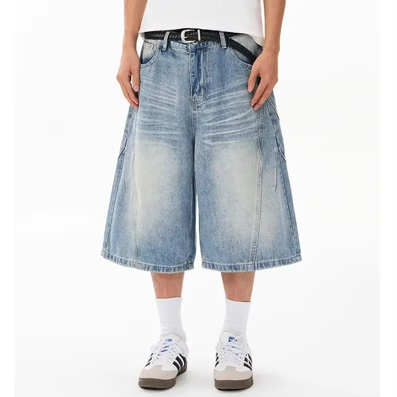 Men Women Vintage Washed Denim Shorts Loose Fit Knee Length Jeans Shorts Cat Whisker Print Casual Streetwear Baggy Shorts