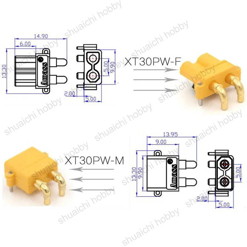 PCB 전용 수평 커넥터, DC 500V 15A XT30PW 수 암 플러그, 3.0mm 용접 핀, 드론 RC 모델 배터리 부품, 10 개