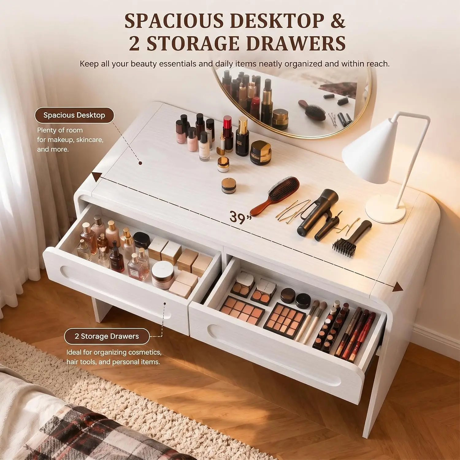 Vanity Desk with 2 Drawers & Storage Desktop Space for Bedroom Dressing, Customized
