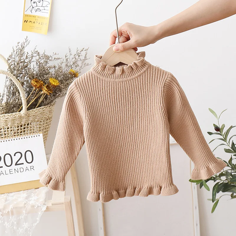 UNITIM Autumn Kids Girls Sweater 1-6Yrs Baby Girls Solid Fleece Thick Knitwear Ruffle Collar Toddler Infant Girls Basic Pullover