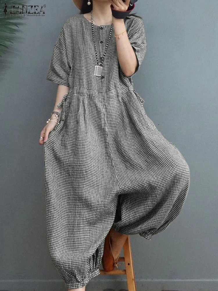 ZANZEA Women Vintage Gingham Jumpsuits 2025 Spring Loose Casual O Neck Half Sleeve Overalls Checked Drawstring Wide Leg Rompers