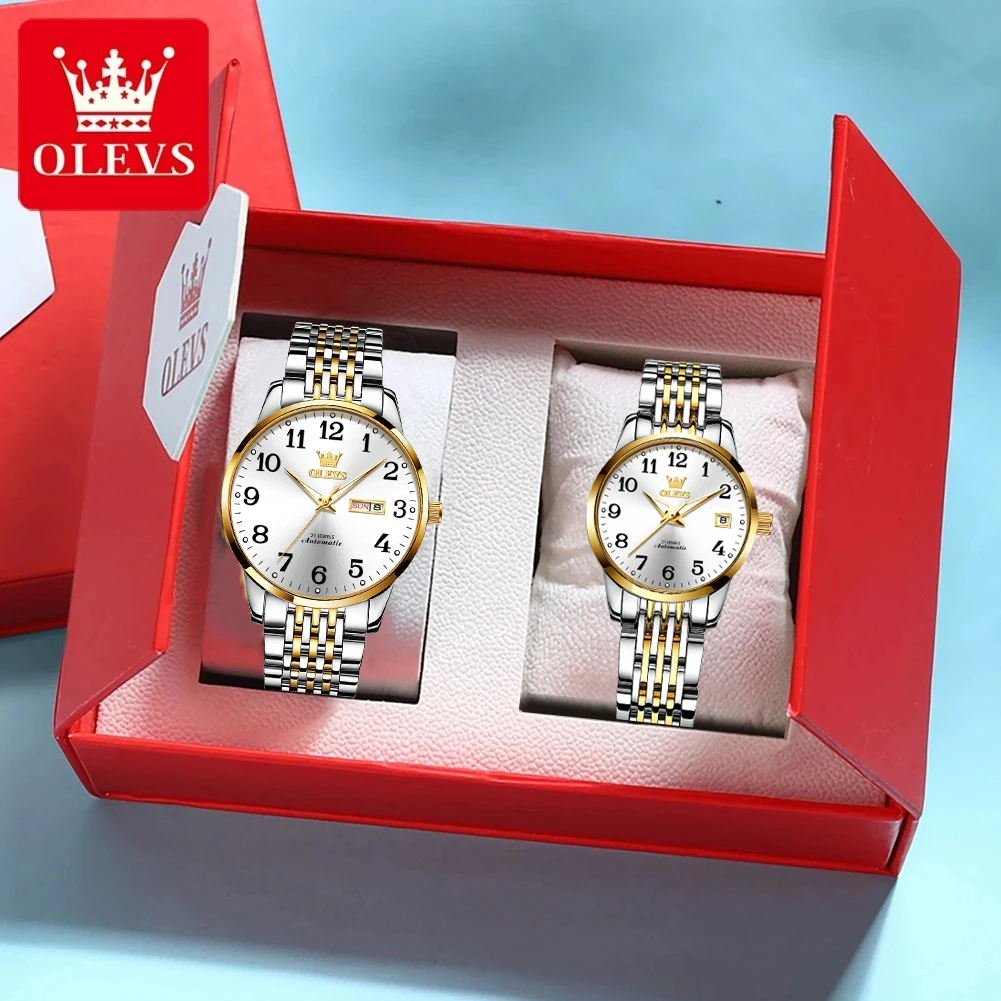 OLEVS-Montre-bracelet mécanique automatique de luxe pour hommes et femmes, montres de couple originales, calendrier à échelle numérique classique, marque supérieure