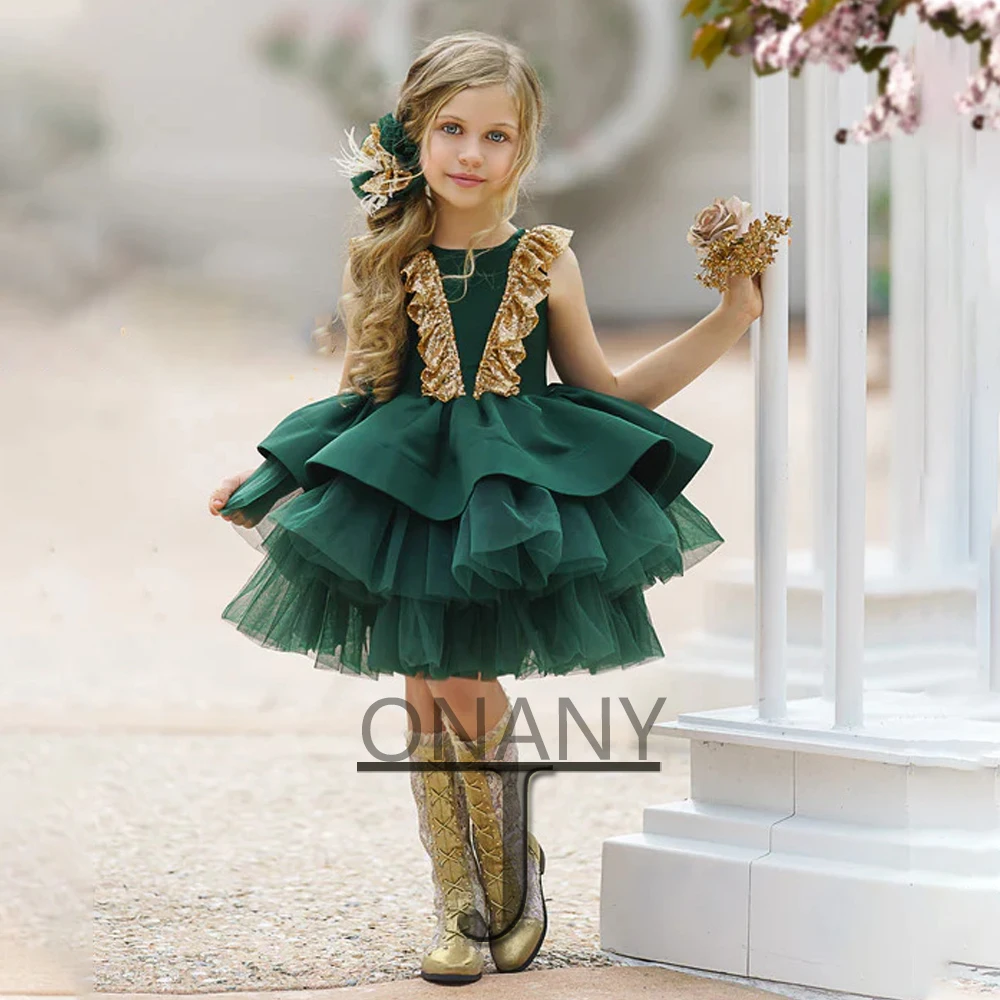 

JONANY Fancy Layered Flower Girl Dress Glitter Bow Back Personalised Ball Gown Little Girl Princess Robe De Ceremonie Fille