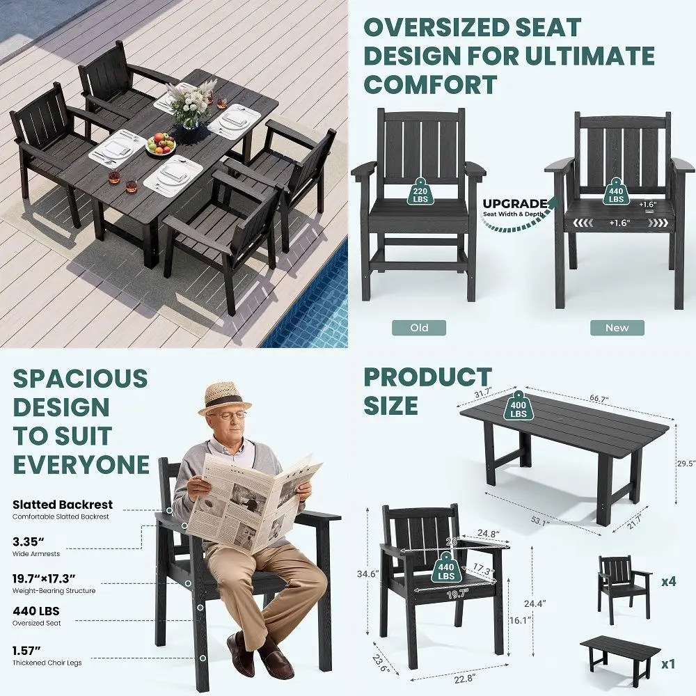 

5Piece Outdoor Dining Set, HDPE Outdoor Rectangular Table and 4 Chairs, Wood Grain Patio Furniture Sets with Armrest, AllWeathe