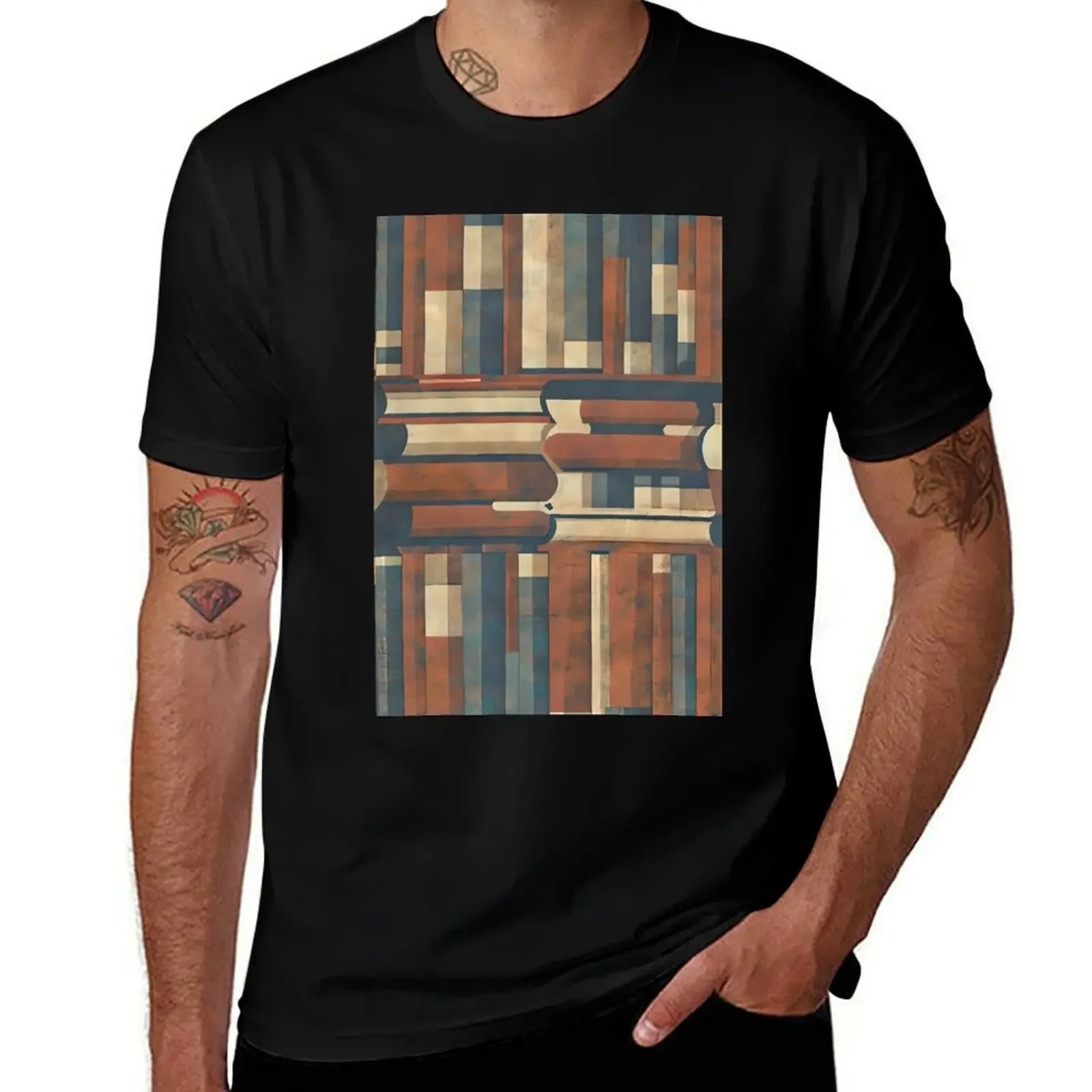 Bookshelf pattern Bill Sienkiewicz flat graphic T-Shirt Short sleeve tee for a boy sports fans big and tall t shirts for men