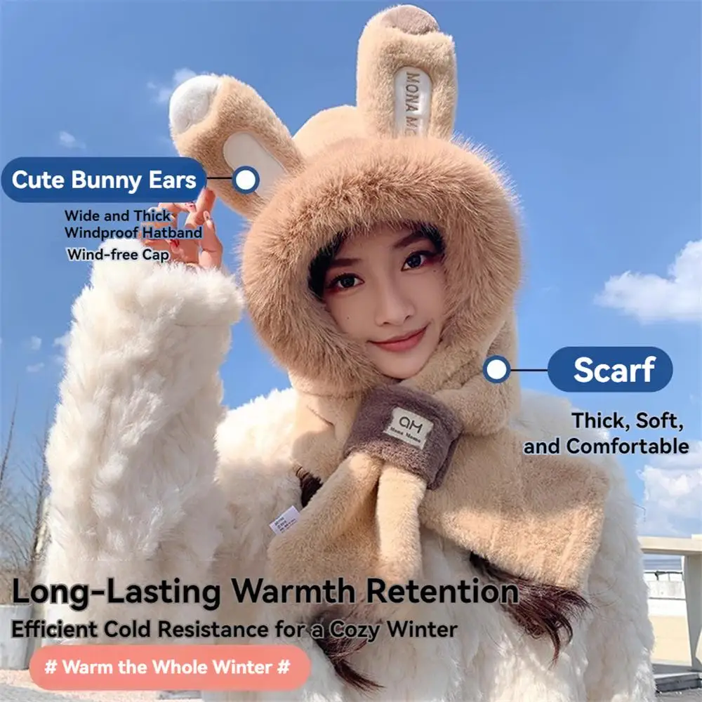 Korean-Style Bunny Ears Integrated Hat Scarf Set Soft Cozy Skiing and Hiking Neck Gaiter Windproof Plush Russian Hat for Women