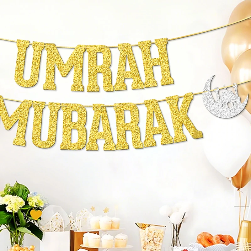YOMDID Umrah Mubarak Banner Glitzer Umrah Mubarak Dekorationen Partybanner für Islamische Muslimische Dekorationen Partyzubehör – Detail 12