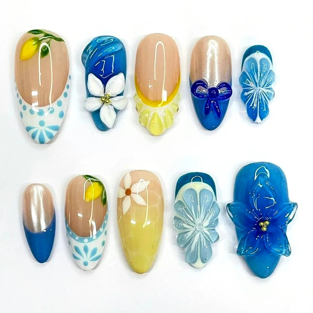 

2024 New 10Pcs Handmade Manicure Medium Almond Fake Nails Cute 3D Flower Nails Press On Nails Design with Adhesive Nail File Set