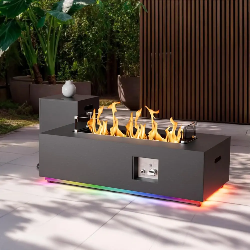 

Уличный пропановый стол-костровище 42 дюйма со скрытой баллонной установкой, 50 000 BTU, ветрозащитой, стеклянными камнями и крышкой с RGB-подсветкой