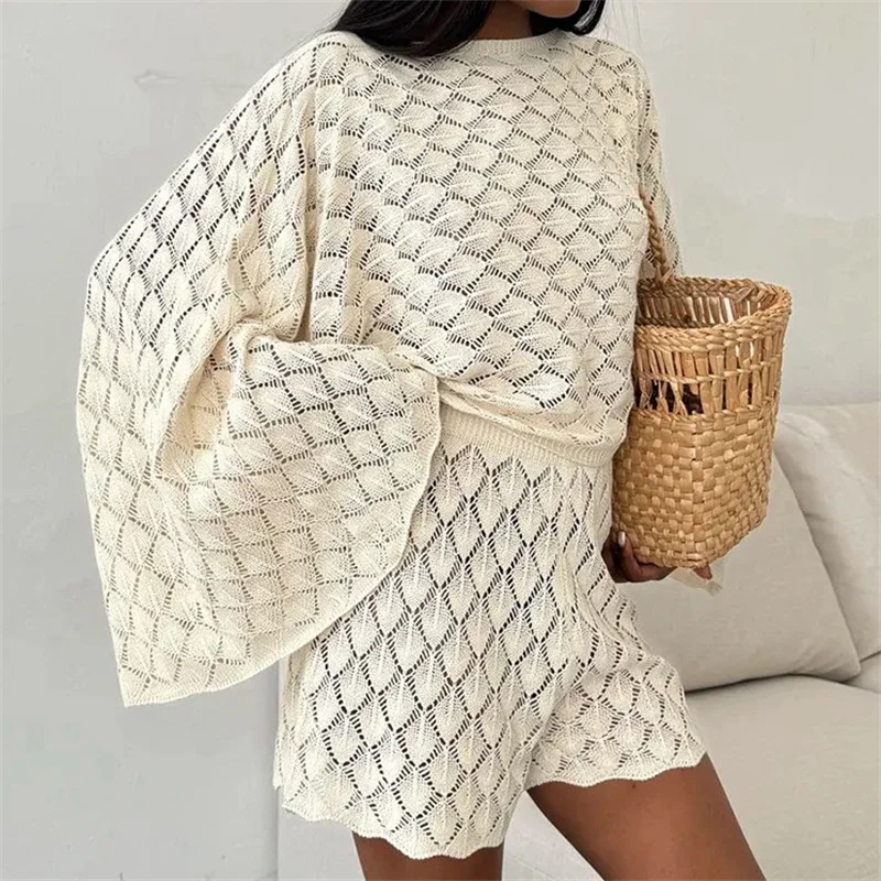 2PCS Beach Outfits Women's Long Sleeve Sexy Hollow Out Knit Top Blouse And Short Pants Summer Boho Sheer Crochet Bikini Cover-Up
