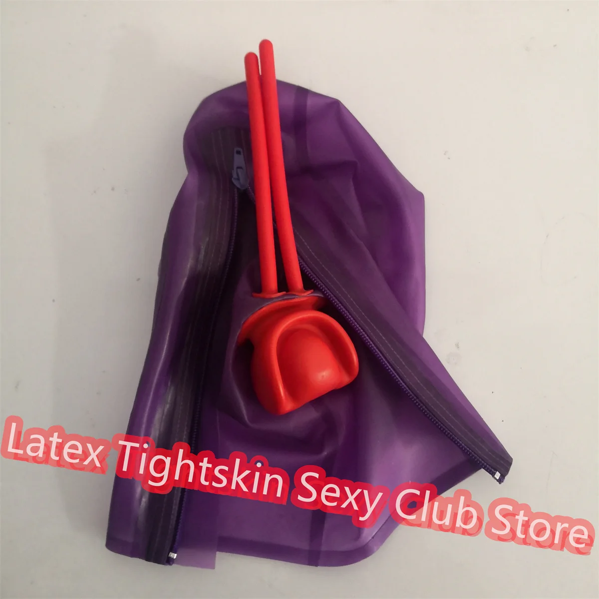 

Sexy Latex Hood Transparent Purple Rubber Mask with Long Nose Tube Gag Back Zip Halloween Cosplay Costumes