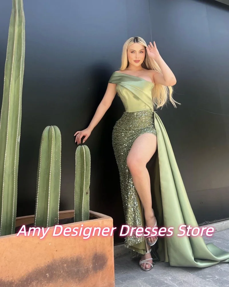 فستان سهرة أخضر فاتح بكتف واحد للإناث متألق مطرز بالترتر حورية البحر فساتين لحضور الحفلات الموسيقية بفتحة عالية رداء حفلات مخصص #2