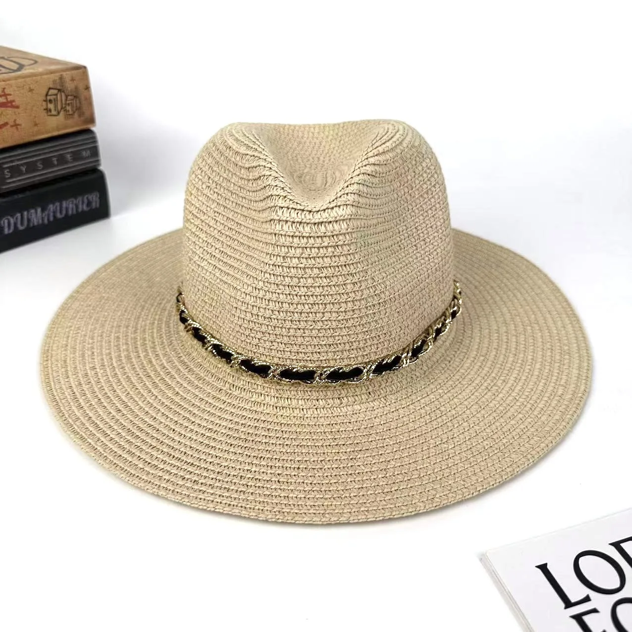 

European and American French straw chain sunshade sunscreen grass beach vacation sun hat men and women couple top hat