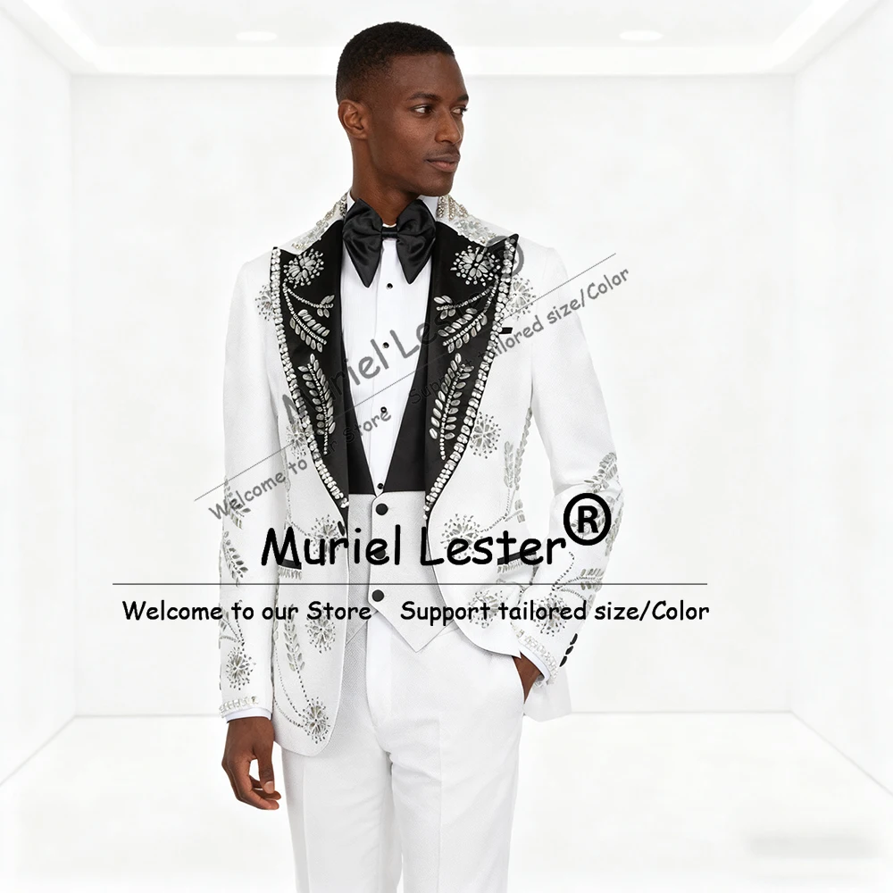 

Блестящий орнамент из бисера, смокинги для жениха, роскошные свадебные костюмы для мужчин, индивидуальный пиджак, жилет, брюки, комплекты из 3 предметов, мужская банкетная одежда