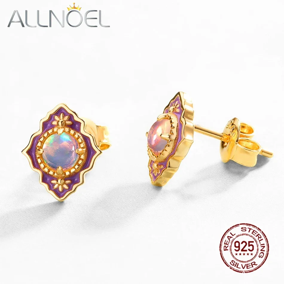 

ALLNOEL 925 Sterling Silver Natural Mystic Opal Stud Earrings for Women Geometric Purple Enamel Vintage Gifts Fine Jewelry