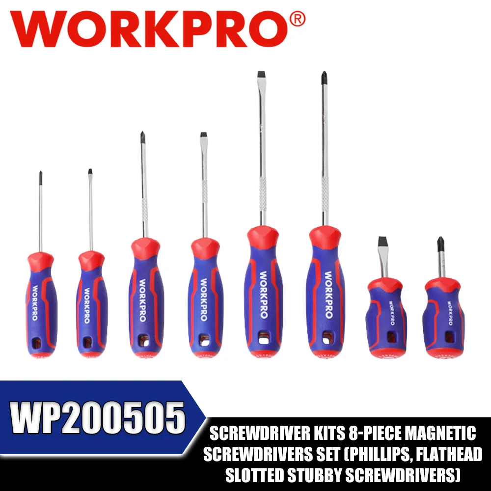 

WORKPRO WP200505 Screwdriver Kits 8-piece Magnetic Screwdrivers Set (Phillips, Flathead, Slotted, Stubby Screwdrivers)