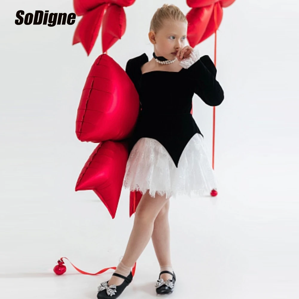 

SoDigne трапециевидное бархатное/кружевное короткое платье с цветочным узором для девочек с квадратным воротником и длинными рукавами, юбка для девочек, платья, детское платье принцессы по индивидуальному заказу