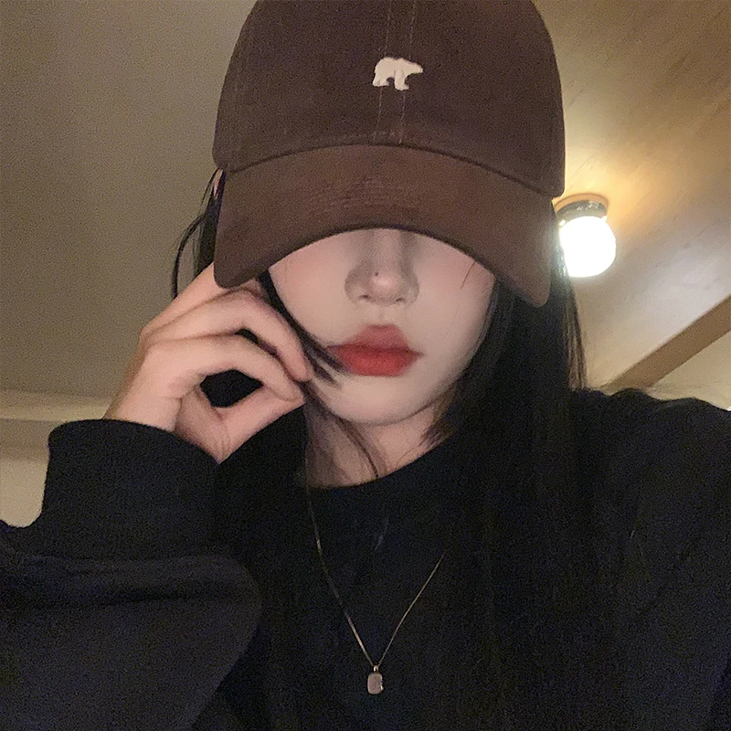 Polar Bear Embroidered Baseball Cap Women\'s Soft Top Wide Brim Face-Looking Small Peaked Cap Circumference Beige Hat Fashion