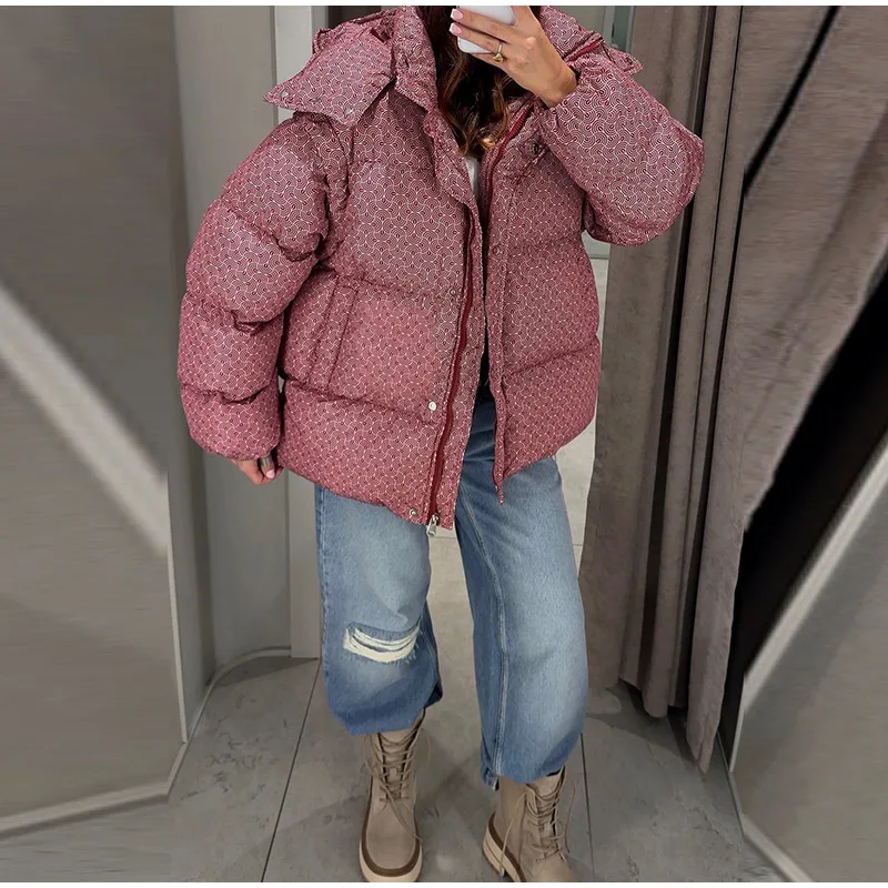 Printed Hooded Padded Coats Women's Loose Zipper Single-breasted Pockets Thicken Coats 2026 New Ladies Winter Fashion Outwear