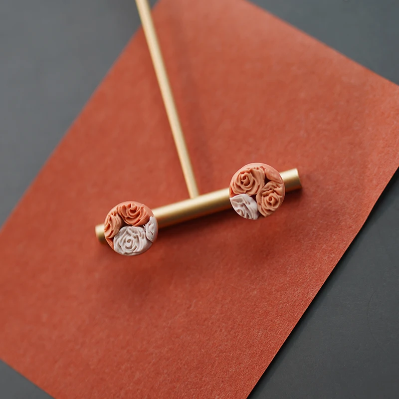 Multi Shapes Shades Colors Molded Stamping Roses Floral Patton Metal Polymer Clay Vintage Elegant Earrings Jewelry Stud Sets