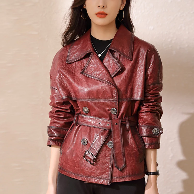 Roupas Femininas Autumn Women\'s Suit Collar Lace-up Waist Oil Wax Sheepskin Gabardina Mujer Vintage Red Wine Short Trench Coats