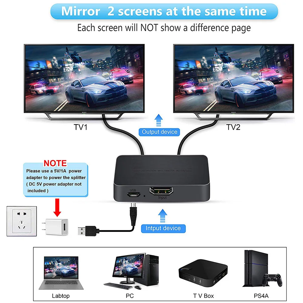 4K HDMI-Compatible Splitter 1 in 2 out Adapter HDMI-Compatible 1x2 Dual Monitor Full HD 1 to 2 Amplifier for HDTV DVD PS3 Xbox