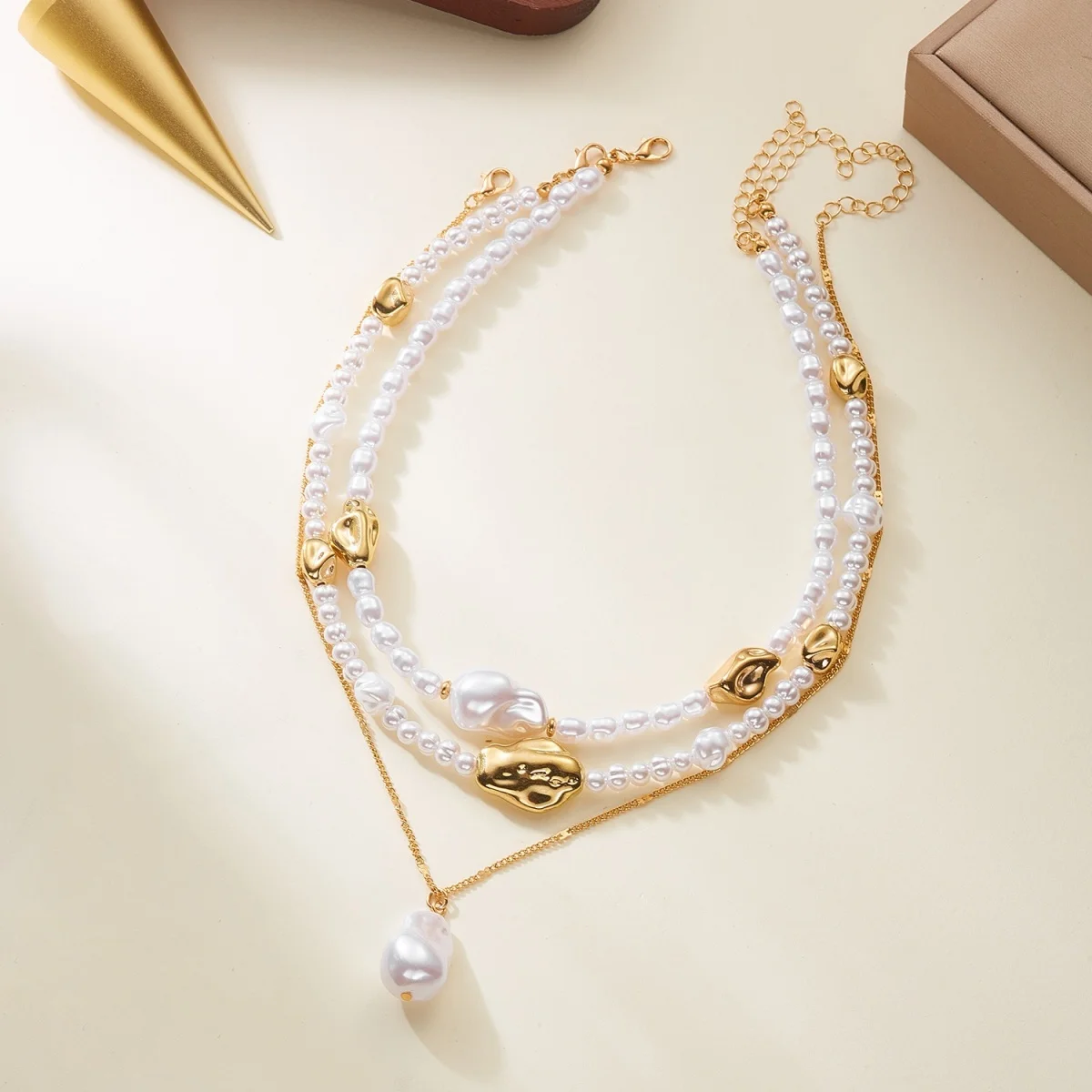 Minimalistische barocke unregelmäßige Imitationsperlen-CCB-Perlen-Anhänger-Halskette für Damen und Herren, mehrschichtige Perlen-Halskette, stapelbarer Choker-Schmuck – Detail 22