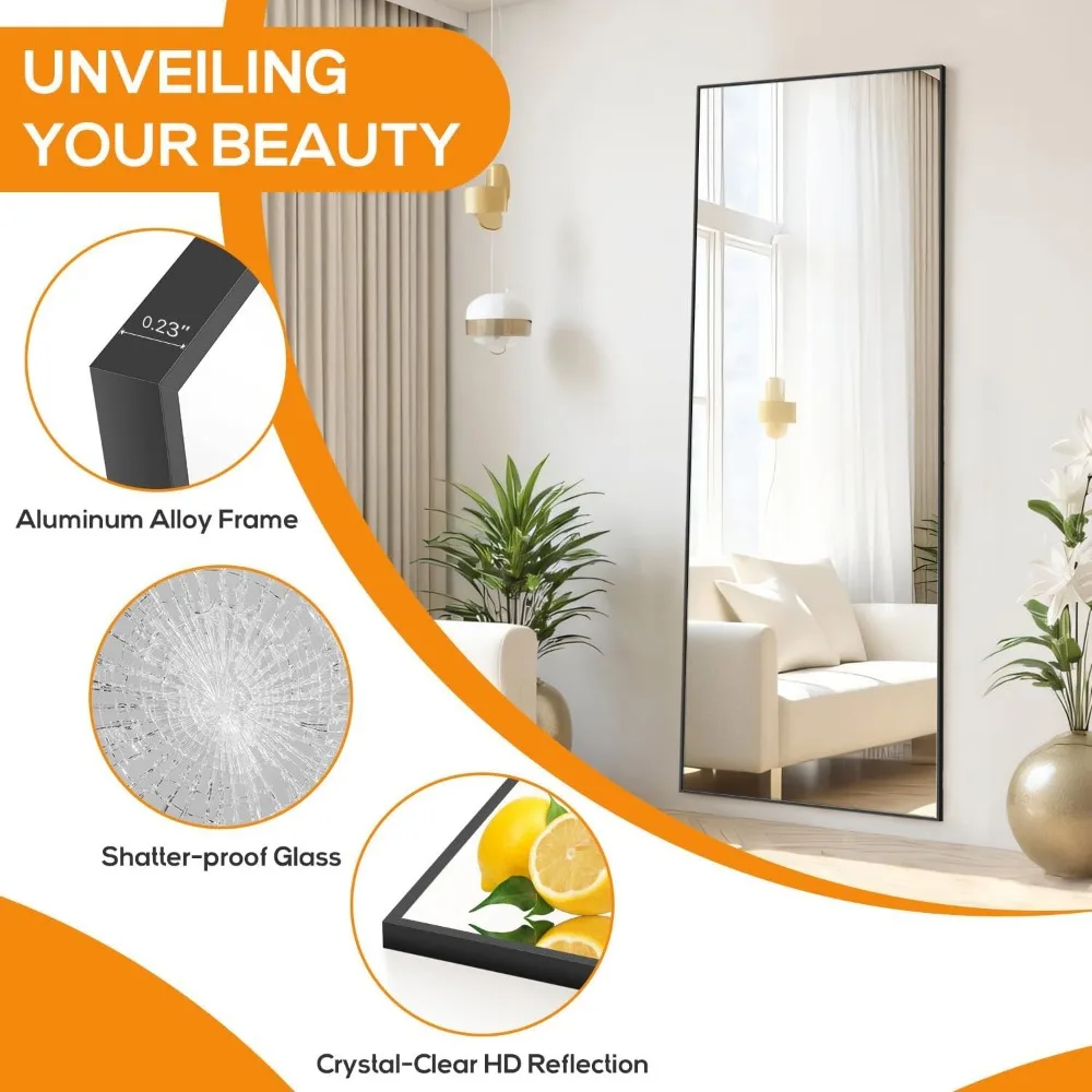 Pełnowymiarowe, ulepszone lustra ścienne o wymiarach 21x64 cala z niełamliwym szkłem, do postawienia na podłodze, do zawieszenia lub oparcia, duże, wysokie lustra.