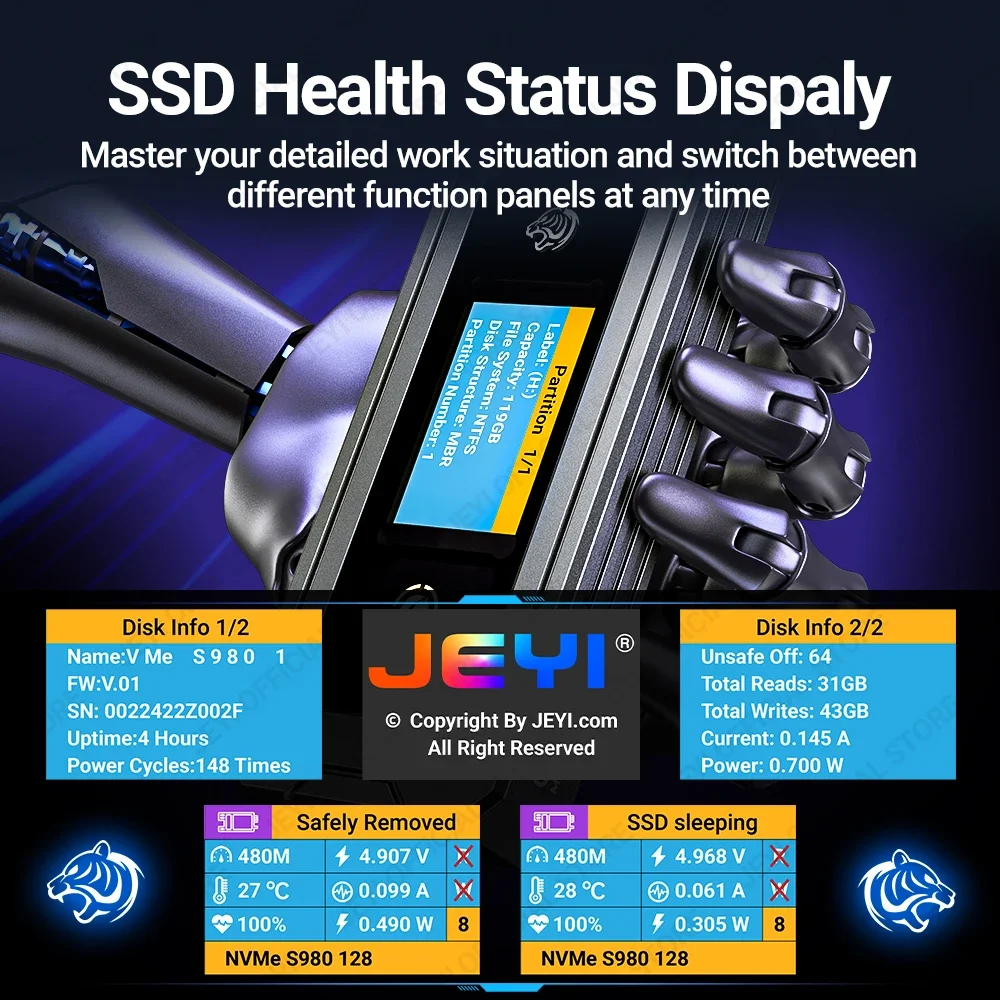 JEYI Visual Smart M.2 NVMe / SATA SSD Enclosure, USB 3.2 10Gbps 10 Set Modes Real-time temperature Support M-Key B+M Key UASP