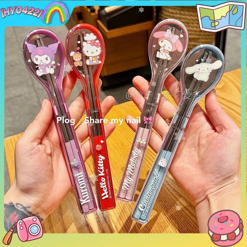 

Cartoon Chopsticks Spoon Set 304 Stainless Steel My Melody Kuromi Cute Kt Spoon Shaped Storage Case Kids Tableware